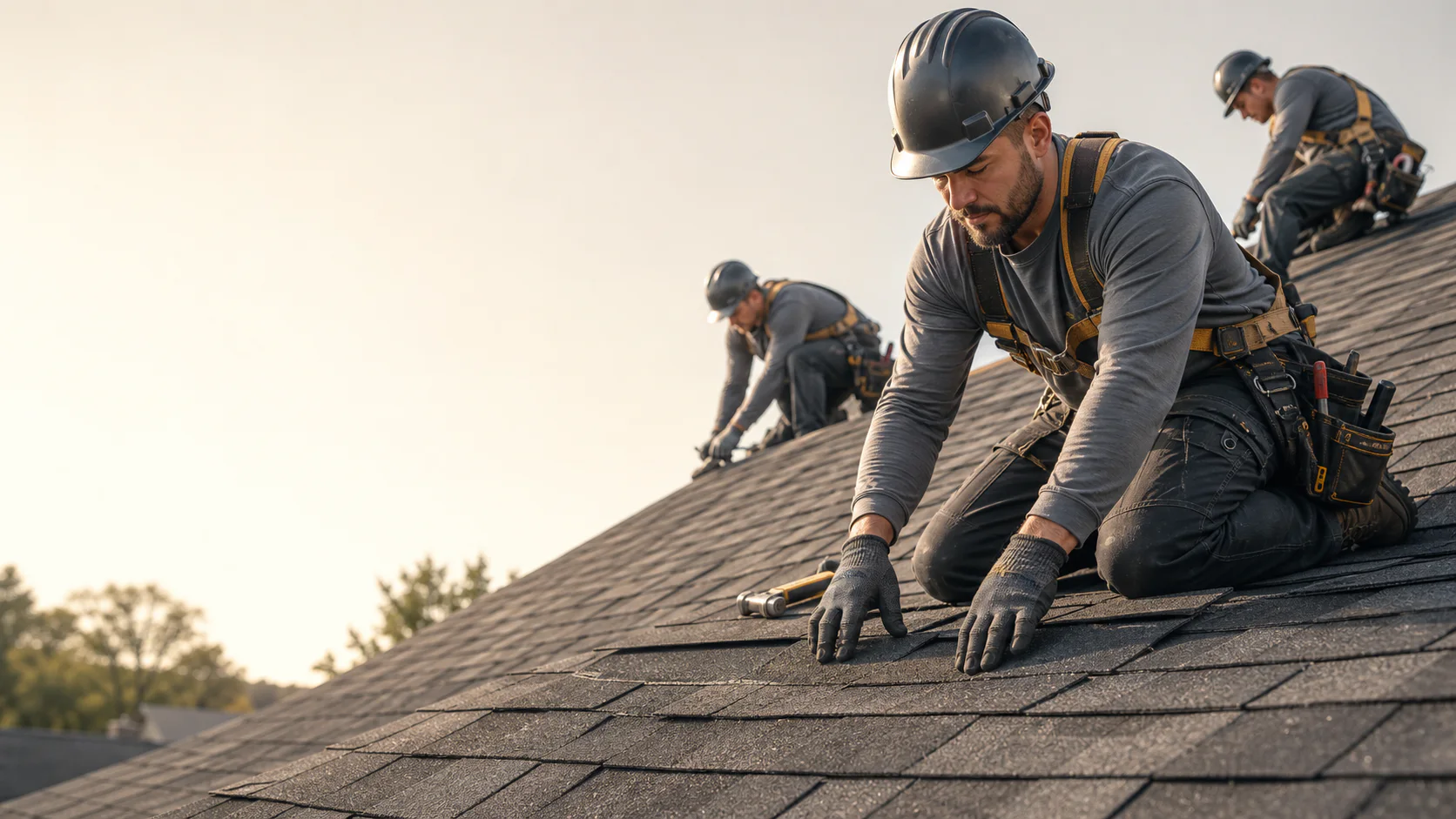Three professional roofers safely repairing a residential shingle roof